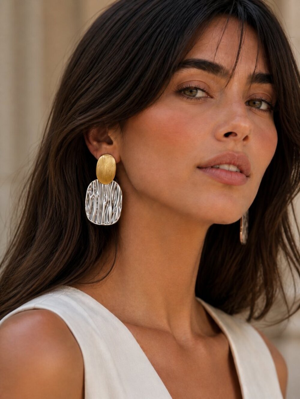 18K Gold Plated SS Old Money Two Tone Mixed Metal Drop Statement Earrings 1.97in
